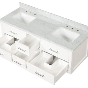 Castor 60W x 22D White Double Bath Vanity, Carrara Marble Top, and 28Mirrors