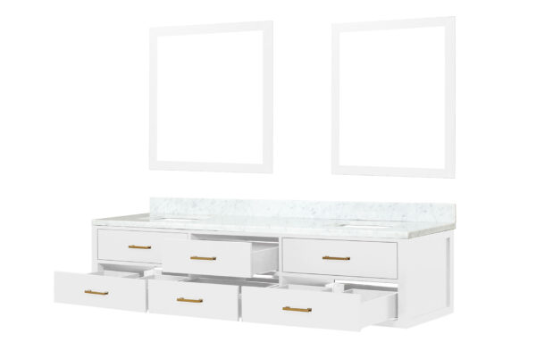 Castor 84W x 22D White Double Bath Vanity, Carrara Marble Top, and 36Mirrors