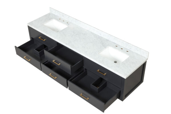 Castor 84W x 22D Black Double Bath Vanity, Carrara Marble Top, and 36Mirrors