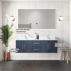 Geneva 60 in. W x 22 in. D Navy Blue Double Bath Vanity and Cultured Marble Top