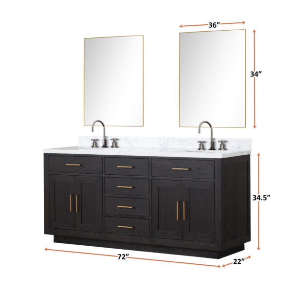 Abbey 72W x 22D Black Oak Double Bath Vanity and Carrara Marble Top