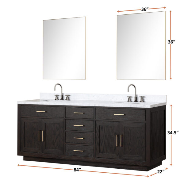 Abbey 84W x 22D Black Oak Double Bath Vanity and Carrara Marble Top