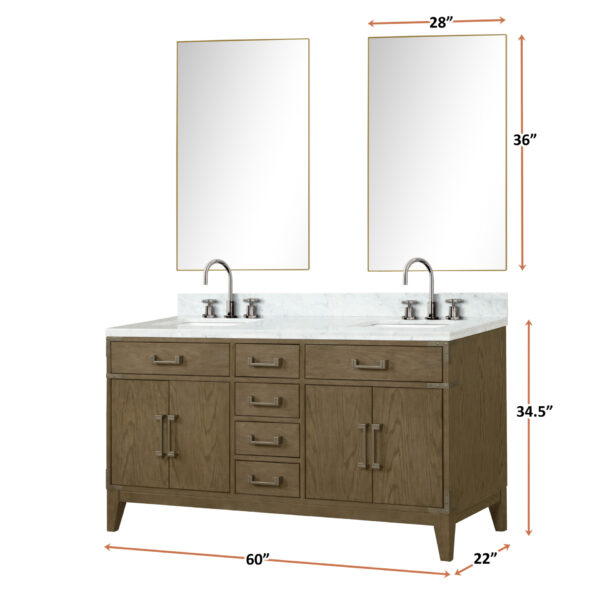 Laurel 60W x 22D Grey Oak Double Bath Vanity and Carrara Marble Top