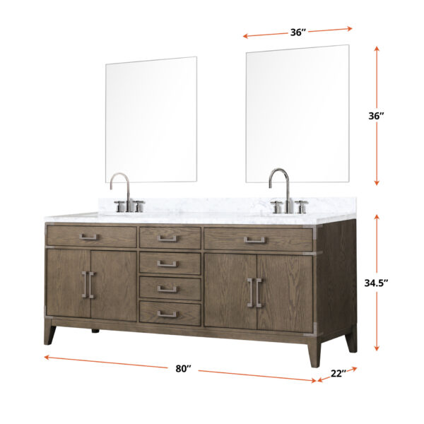 Laurel 80W x 22D Grey Oak Double Bath Vanity and Carrara Marble Top