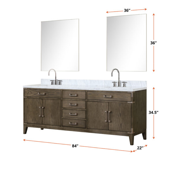 Laurel 84W x 22D Grey Oak Double Bath Vanity and Carrara Marble Top