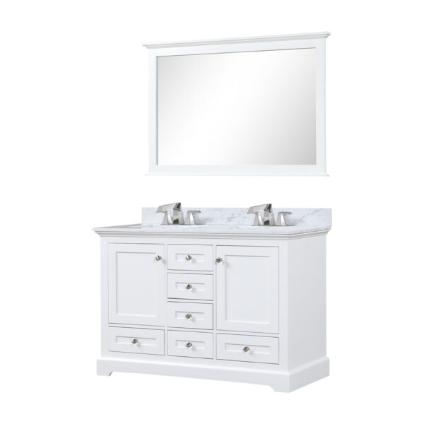 Dukes 48 in. W x 22 in. D White Double Bath Vanity, Carrara Marble Top, Faucet Set, and 46 in. Mirror