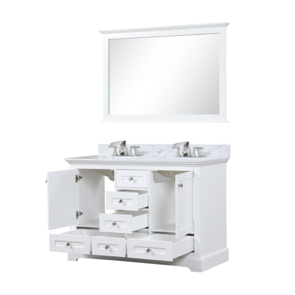 Dukes 48 in. W x 22 in. D White Double Bath Vanity, Carrara Marble Top, Faucet Set, and 46 in. Mirror