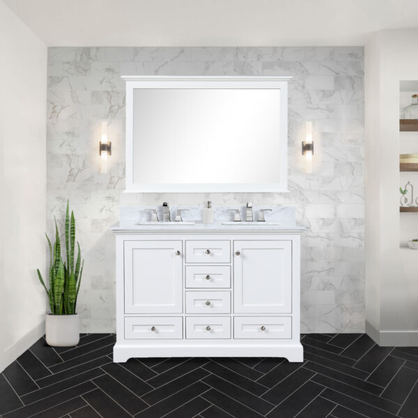 Dukes 48 in. W x 22 in. D White Double Bath Vanity, Carrara Marble Top,