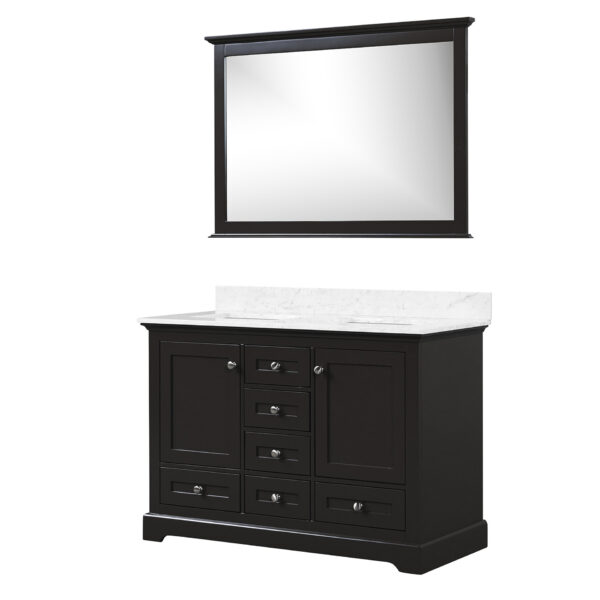 Dukes 48 in. W x 22 in. D Espresso Double Bath Vanity, Carrara Marble Top, and 46 in. Mirror