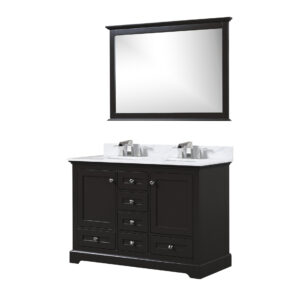 Dukes 48 in. W x 22 in. D Espresso Double Bath Vanity, Carrara Marble Top, Faucet Set, and 46 in. Mirror