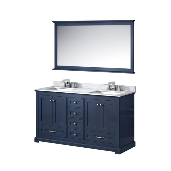 Dukes 60 in. W x 22 in. D Navy Blue Double Bath Vanity, Carrara Marble Top, Faucet Set, and 58 in. Mirror