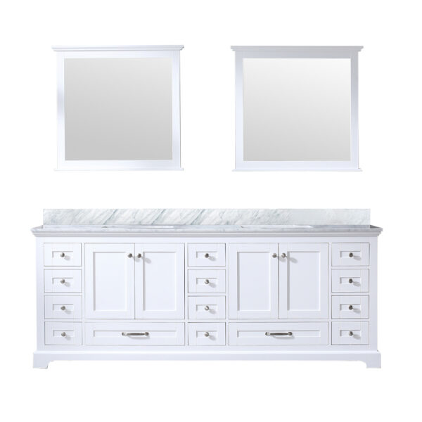 Dukes 84 in. W x 22 in. D White Double Bath Vanity, Carrara Marble Top, and 34 in. Mirrors