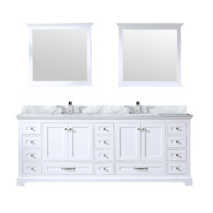 Dukes 84 in. W x 22 in. D White Double Bath Vanity, Carrara Marble Top, Faucet Set, and 34 in. Mirrors