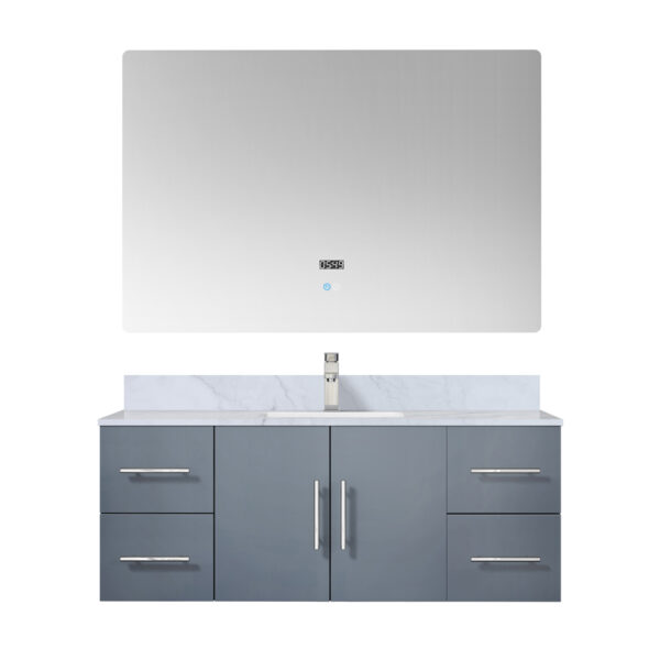 Geneva 48 in. W x 22 in. D Dark Grey Bath Vanity, Carrara Marble Top, Faucet Set, and 48 in. LED Mirror