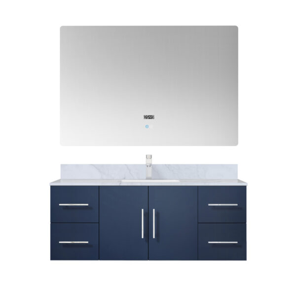 Geneva 48 in. W x 22 in. D Navy Blue Bath Vanity, Carrara Marble Top, Faucet Set, and 48 in. LED Mirror