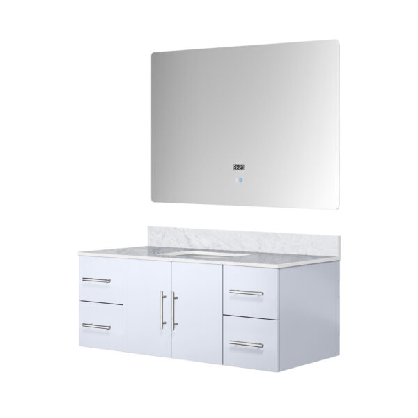 Geneva 48 in. W x 22 in. D Glossy White Bath Vanity, Carrara Marble Top, and 48 in. LED Mirror