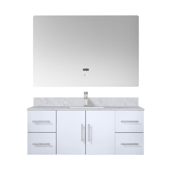 Geneva 48 in. W x 22 in. D Glossy White Bath Vanity, Carrara Marble Top, Faucet Set, and 48 in. LED Mirror