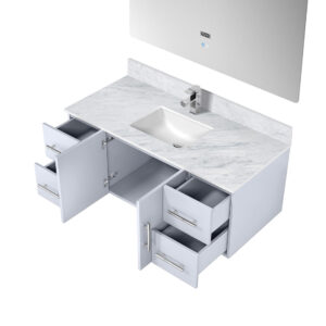 Geneva 48 in. W x 22 in. D Glossy White Bath Vanity, Carrara Marble Top, Faucet Set, and 48 in. LED Mirror