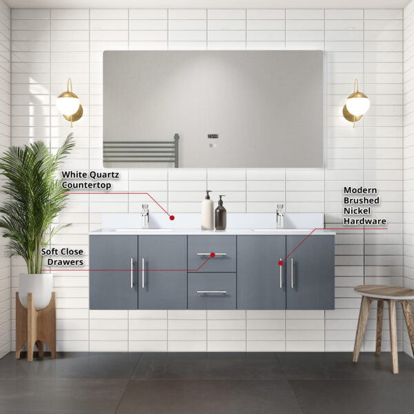 Geneva 60 in. W x 22 in. D Dark Grey Double Bath Vanity and White Quartz Top