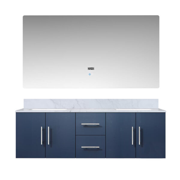 Geneva 60 in. W x 22 in. D Navy Blue Double Bath Vanity, Carrara Marble Top, and 60 in. LED Mirror