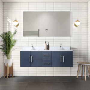 Geneva 60 in. W x 22 in. D Navy Blue Double Bath Vanity and 60 in. LED Mirror