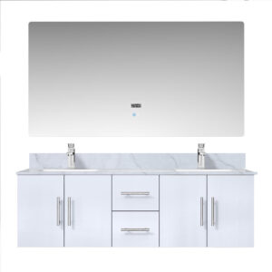 Geneva 60 in. W x 22 in. D Glossy White Double Bath Vanity, Carrara Marble Top, Faucet Set, and 60 in. LED Mirror