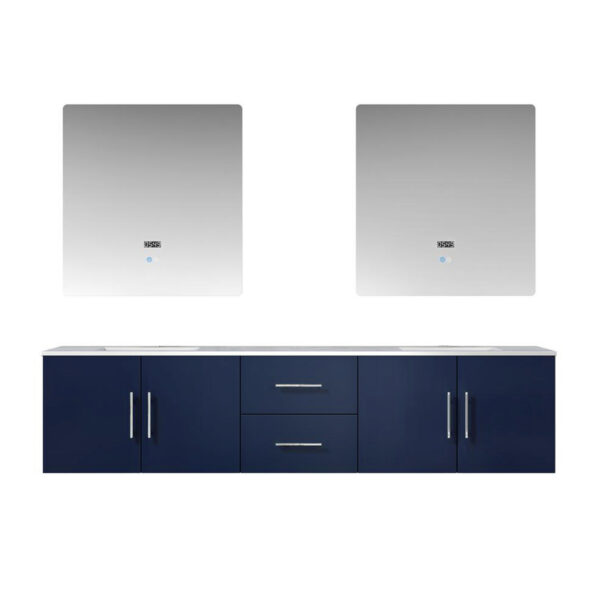 Geneva 80 in. W x 22 in. D Navy Blue Double Bath Vanity, Carrara Marble Top, and 30 in. LED Mirrors