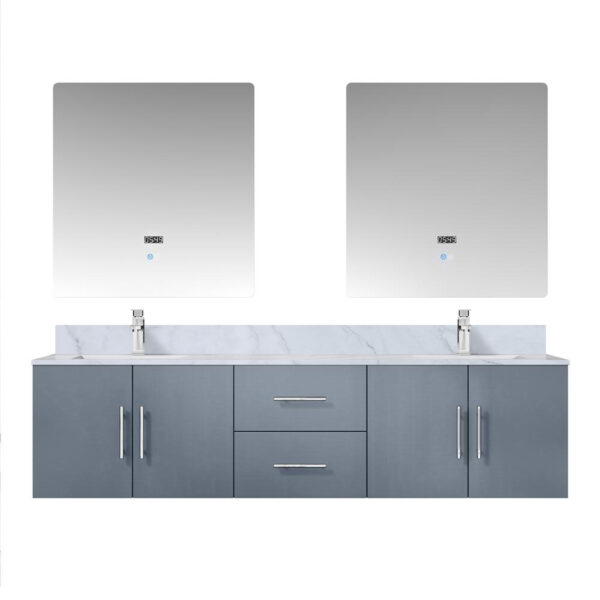 Geneva 72 in. W x 22 in. D Dark Grey Double Bath Vanity, Carrara Marble Top, Faucet Set, and 30 in. LED Mirrors