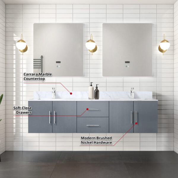 Geneva 72 in. W x 22 in. D Dark Grey Double Bath Vanity and 30 in. LED Mirrors