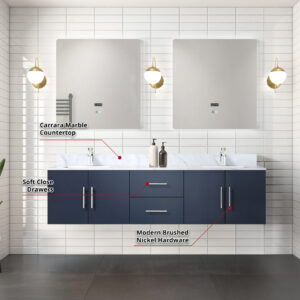 Geneva 72 in. W x 22 in. D Navy Blue Double Bath Vanity and 30 in. LED Mirrors