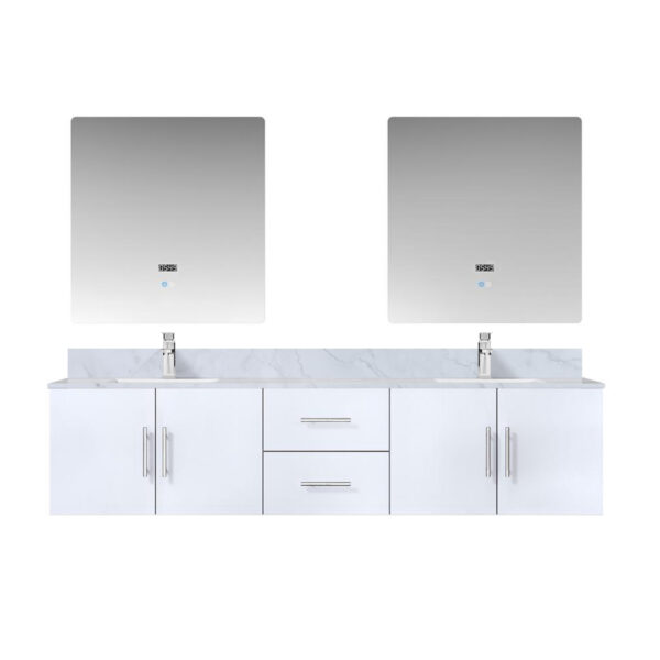 Geneva 80 in. W x 22 in. D Glossy White Double Bath Vanity, Carrara Marble Top, Faucet Set, and 30 in. LED Mirrors