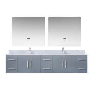 Geneva 84 in. W x 22 in. D Dark Grey Double Bath Vanity, Carrara Marble Top, Faucet Set, and 36 in. LED Mirrors