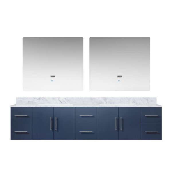 Geneva 84 in. W x 22 in. D Navy Blue Double Bath Vanity, Carrara Marble Top, and 36 in. LED Mirrors