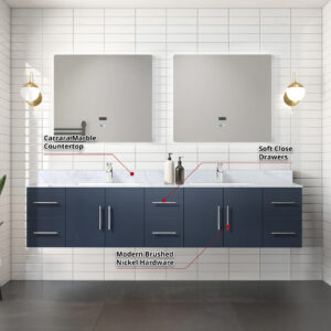 Geneva 84 in. W x 22 in. D Navy Blue Double Bath Vanity and 36 in. LED Mirrors