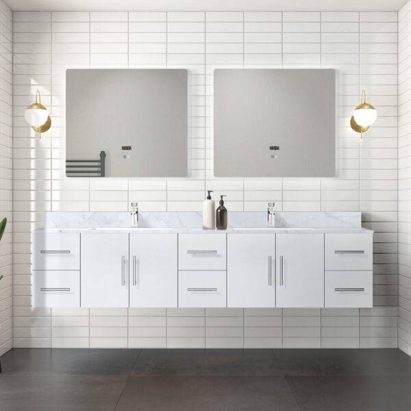 Geneva 84 in. W x 22 in. D Glossy White Double Bath Vanity and 36 in. LED Mirrors