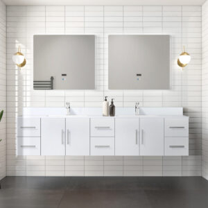 Geneva 84 in. W x 22 in. D Glossy White Double Bath Vanity and 36 in. LED Mirrors