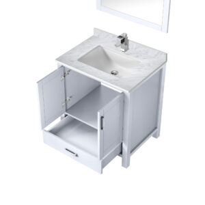 Jacques 30 in. W x 22 in. D White Bath Vanity, Carrara Marble Top, Faucet Set, and 28 in. Mirror