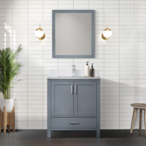 Jacques 30 in. W x 22 in. D Dark Grey Bath Vanity, White Quartz Top, and 28 in. Mirror