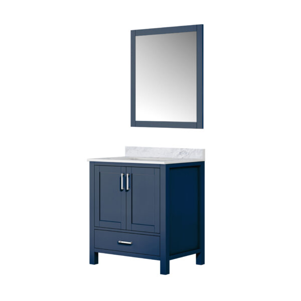 Jacques 30 in. W x 22 in. D Navy Blue Bath Vanity, Carrara Marble Top, and 28 in. Mirror