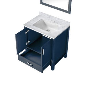 Jacques 30 in. W x 22 in. D Navy Blue Bath Vanity, Carrara Marble Top, and 28 in. Mirror