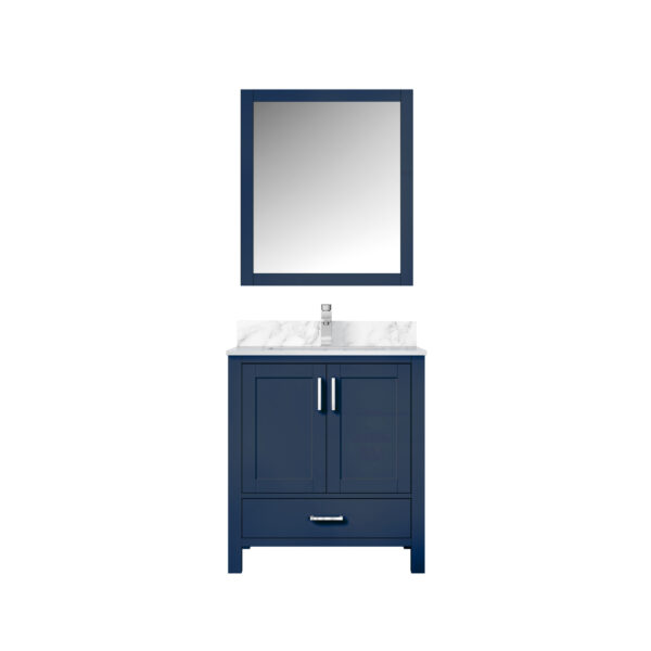 Jacques 30 in. W x 22 in. D Navy Blue Bath Vanity, Carrara Marble Top, Faucet Set, and 28 in. Mirror