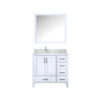 Jacques 36 in. W x 22 in. D Left Offset White Bath Vanity, Carrara Marble Top, Faucet Set, and 34 in. Mirrors