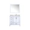 Jacques 36 in. W x 22 in. D Right Offset White Bath Vanity, Carrara Marble Top, Faucet Set, and 34 in. Mirrors