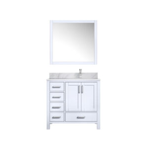 Jacques 36 in. W x 22 in. D Right Offset White Bath Vanity, Carrara Marble Top, Faucet Set, and 34 in. Mirrors