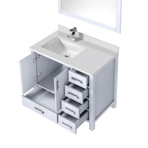 Jacques 36 in. W x 22 in. D Left Offset White Bath Vanity, Cultured Marble Top, Faucet Set, and 34 in. Mirror