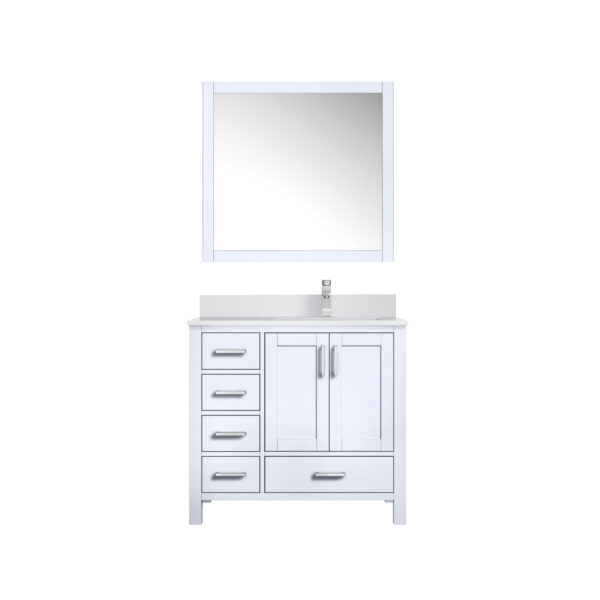 Jacques 36 in. W x 22 in. D Right Offset White Bath Vanity, Cultured Marble Top, Faucet Set, and 34 in. Mirror