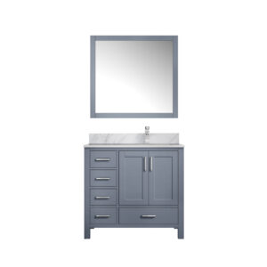 Jacques 36 in. W x 22 in. D Right Offset Dark Grey Bath Vanity, Carrara Marble Top, Faucet Set, and 34 in. Mirrors