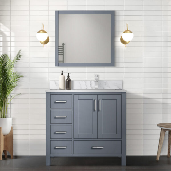 Jacques 36 in. W x 22 in. D Right Offset Dark Grey Bath Vanity, Carrara Marble Top, and 34 in. Mirrors