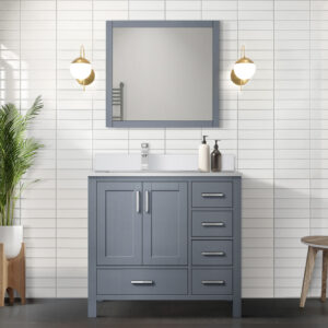 Jacques 36 in. W x 22 in. D Left Offset Dark Grey Bath Vanity, White Quartz Top, Faucet Set, and 34 in. Mirrors