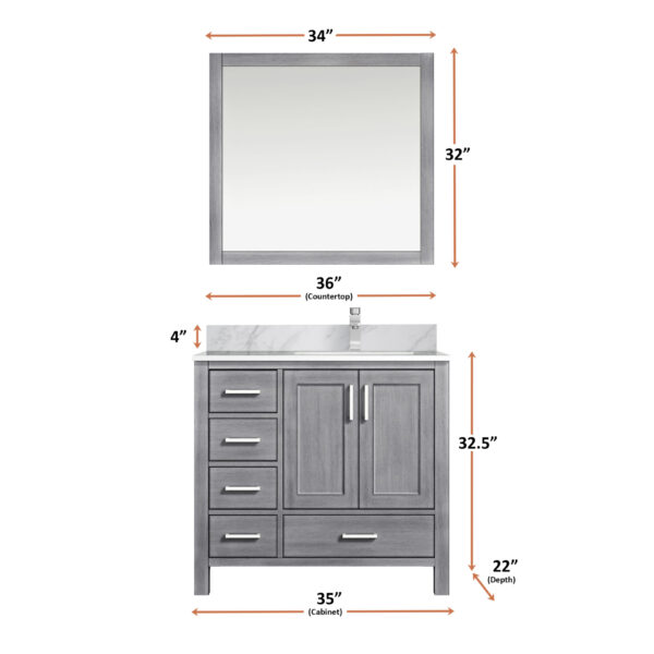 Jacques 36 in. W x 22 in. D Right Offset Distressed Grey Bath Vanity and 34 in. Mirrors